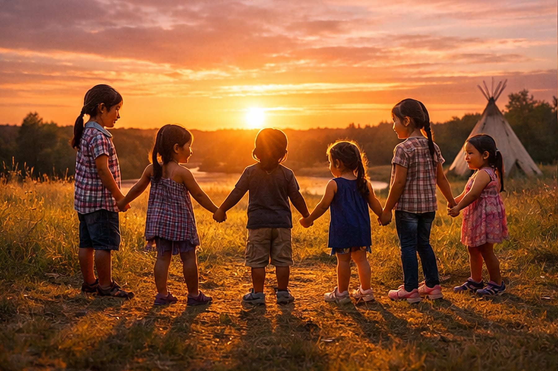Children holding hands together at sunset by the river, a tipi nearby. Ben Calf Robe Society, Our Children Are Sacred